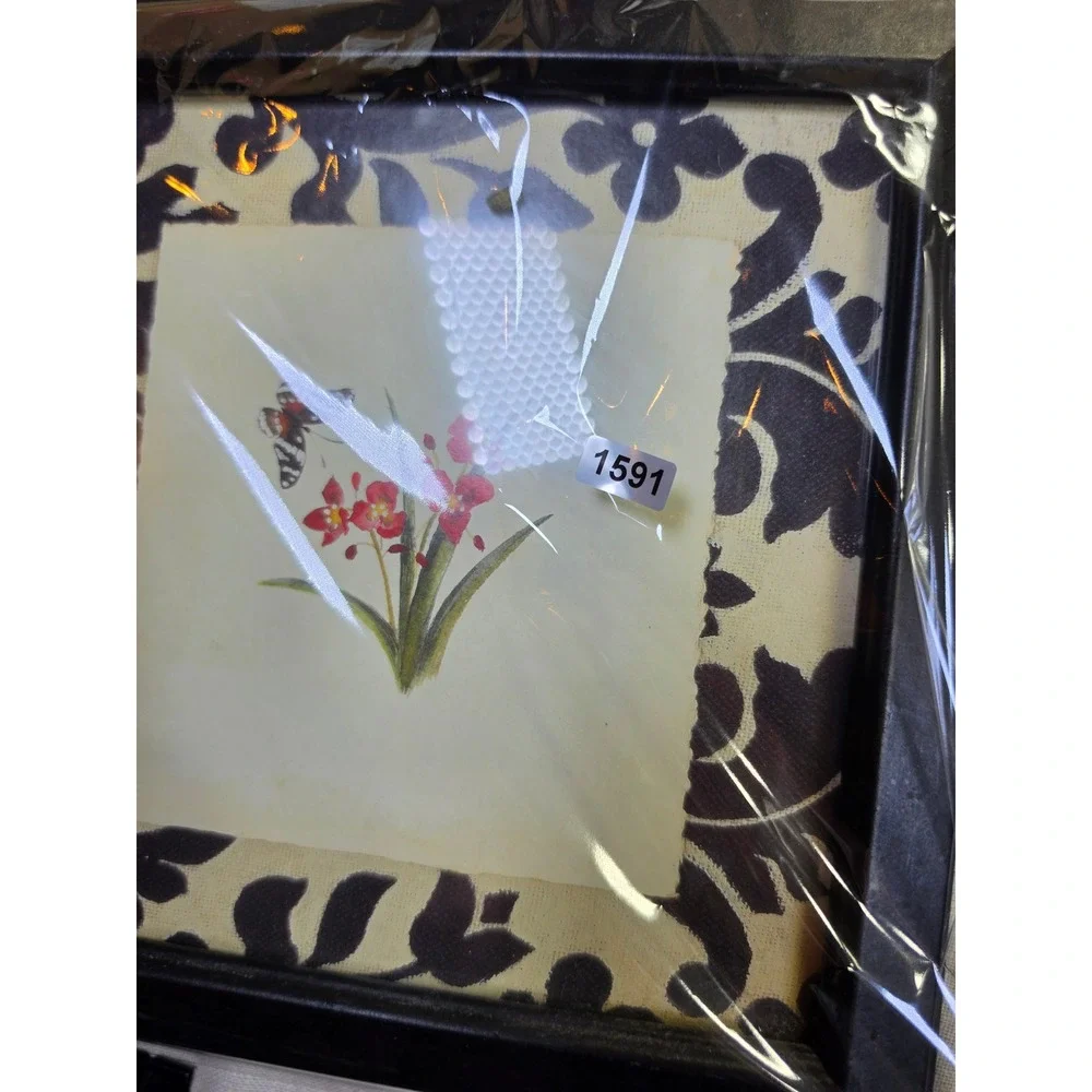 Home Interiors Set of 4 Framed Floral Butterfly Damask Wall Art Black Red 8.5in